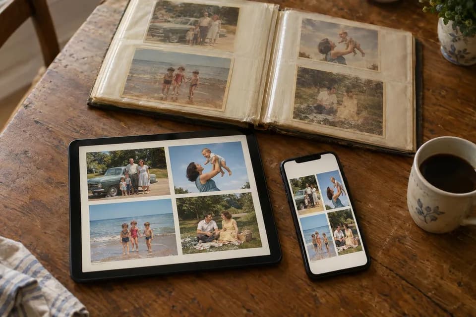 A tablet and a phone showing restored colour family photographs, beside the old album where the same photographs have faded