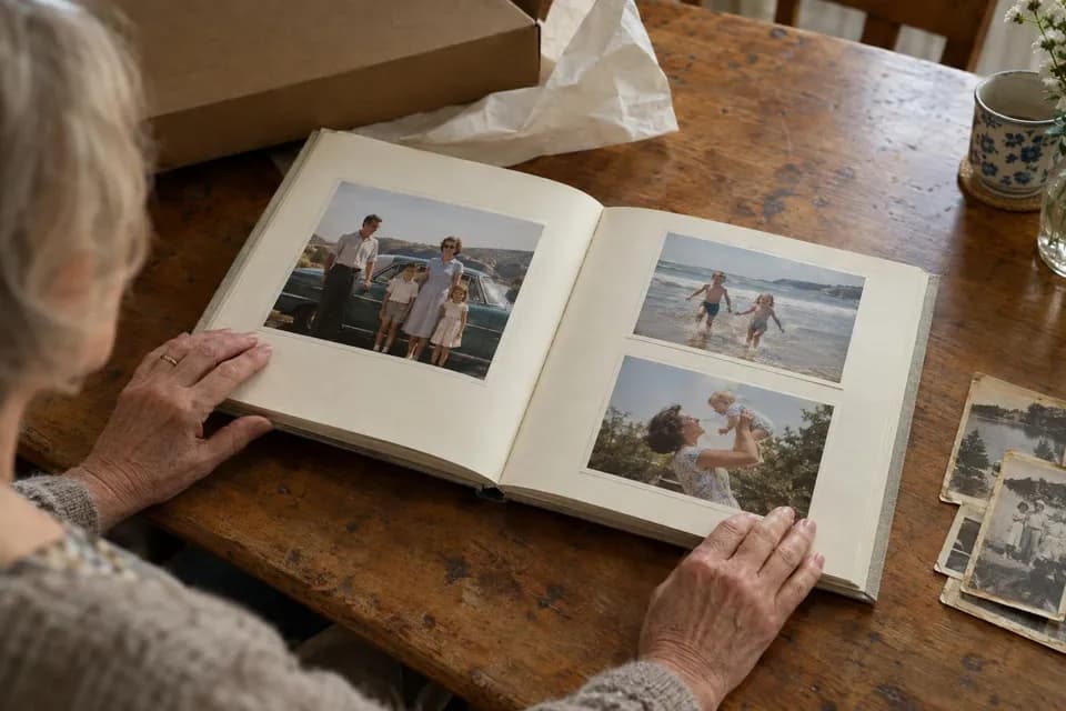 A new hardcover album of restored photographs, open on a table