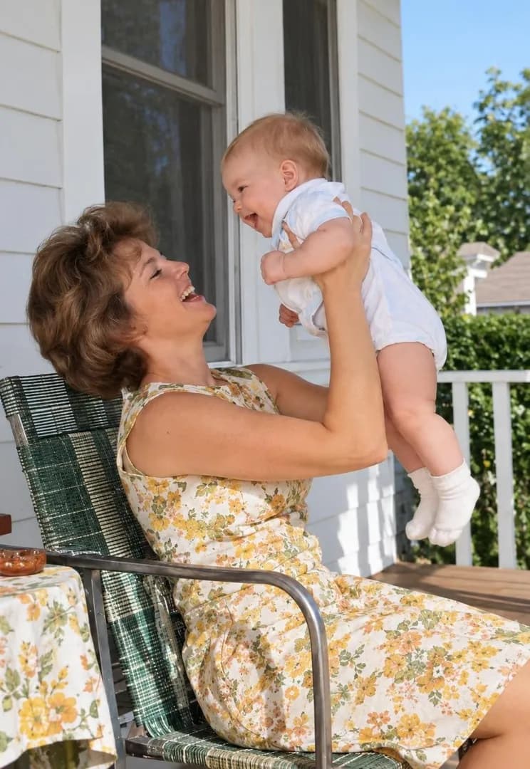 A young mother on a porch lifting her laughing baby, restored