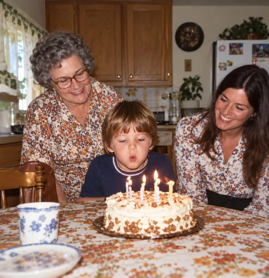 A 1970s instant photo of a boy blowing out birthday candles, its colours shifted to pink, restored