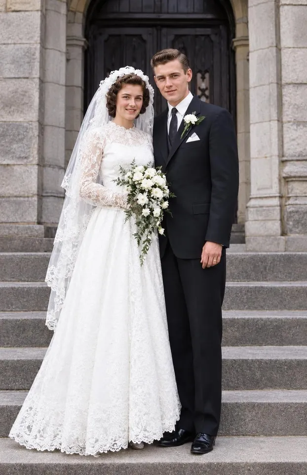A 1950s bride and groom on church steps, the print torn into pieces and taped together, restored