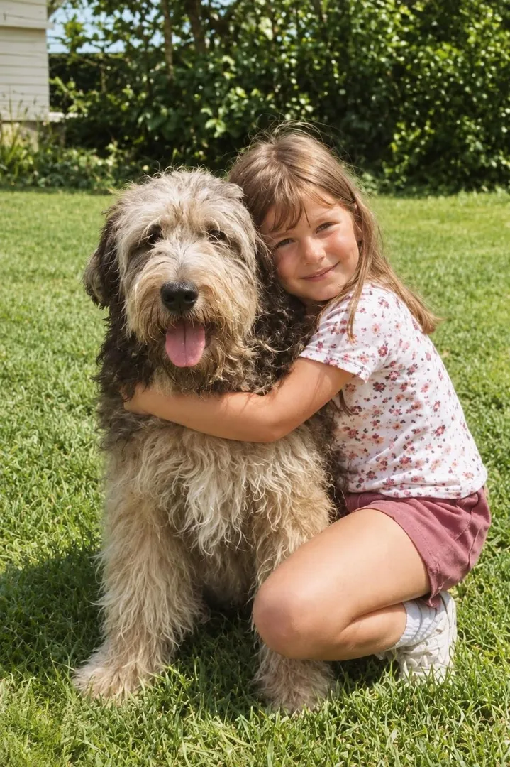 A girl hugging a big shaggy dog on a lawn, restored