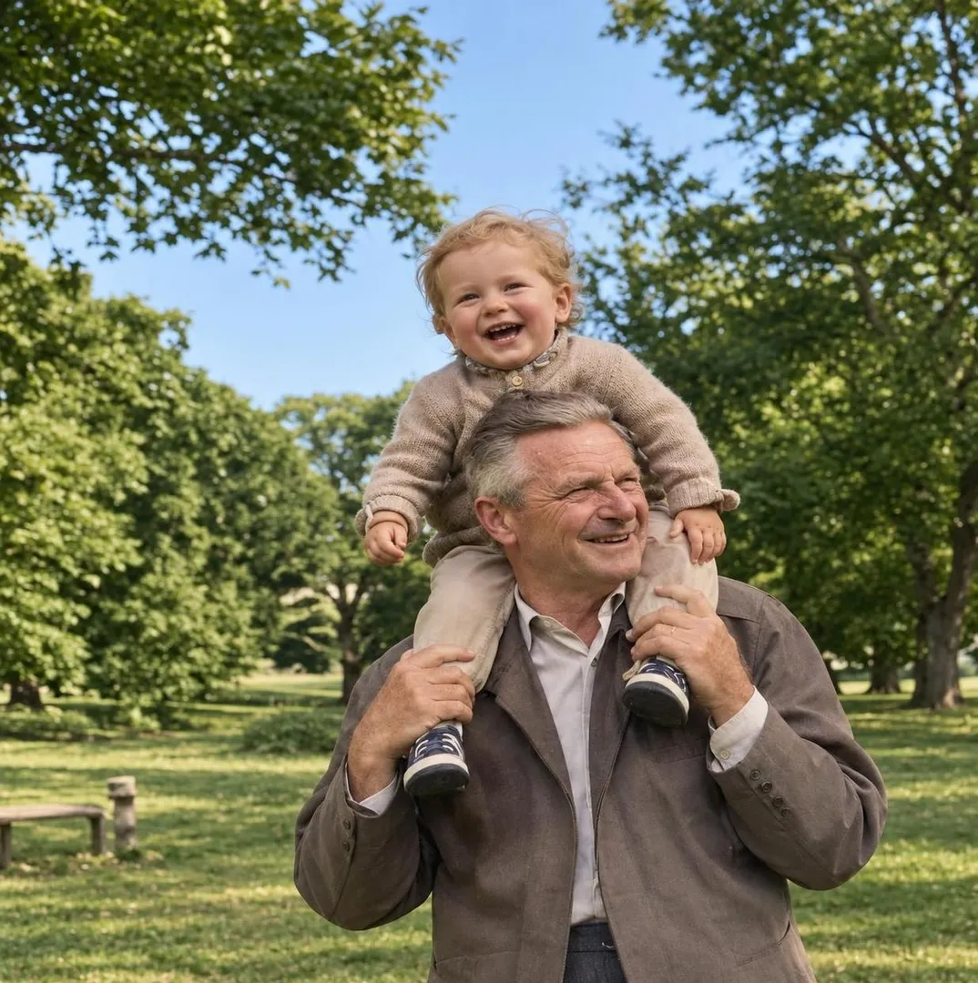 A grandfather carrying a laughing toddler on his shoulders in a park, restored