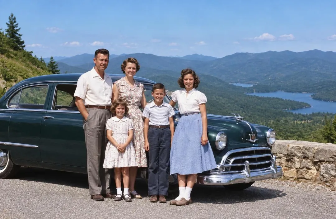 A 1950s family of five beside their car at a mountain lookout, restored